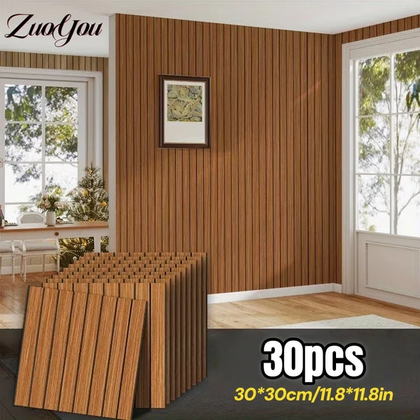 Panel decorativo 3D efecto madera en pared de salón